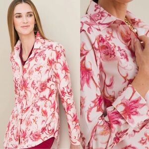 CHICOS Shirt Women's Pink Floral Classic No-Iron Stretch Fitted Shirt Size 1.5-M